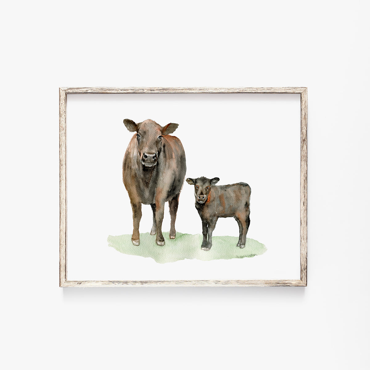水彩壁絵 Watercolor *The Tender Calf Calf* Highland Cow Mother & Calf - Watercolor Nursery Wall Art