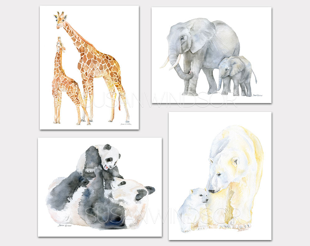 Mother and Baby Animals Watercolor Art Print Set of 4 - Nursery