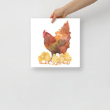 Red Hen and Her Chicks Watercolor