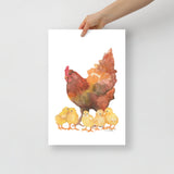 Red Hen and Her Chicks Watercolor