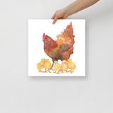 Red Hen and Her Chicks Watercolor