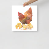 Red Hen and Her Chicks Watercolor