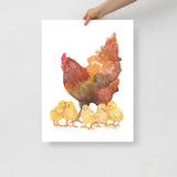 Red Hen and Her Chicks Watercolor