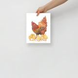 Red Hen and Her Chicks Watercolor