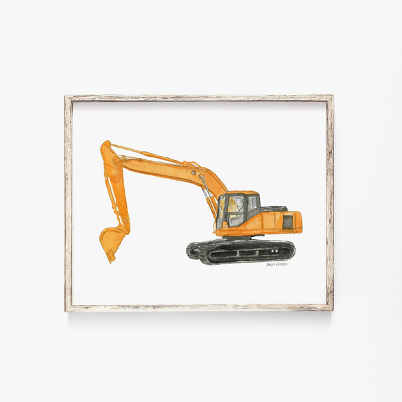 Orange Excavator Truck Watercolor Painting Giclee Print