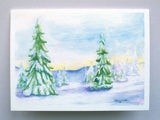 Christmas Watercolor Cards Landscape Trees Set of 10