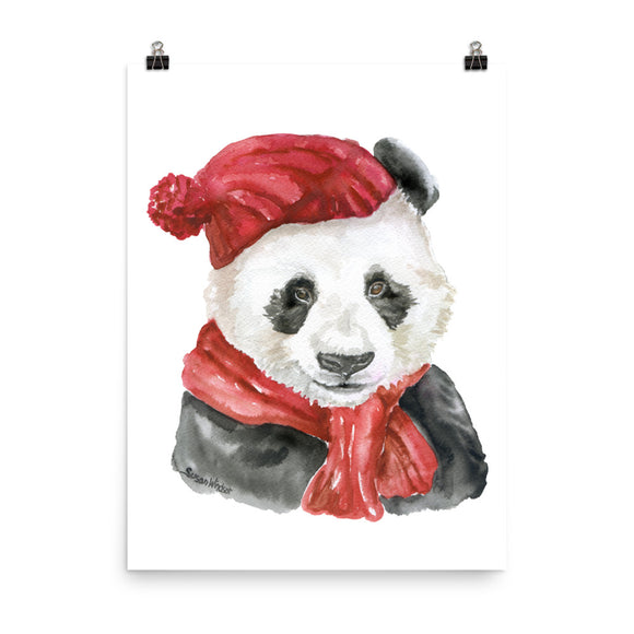 Panda Bear Red Hat and Scarf Watercolor