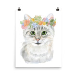 Tabby Cat with Flowers Watercolor