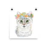 Tabby Cat with Flowers Watercolor
