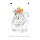 Gray Squirrel with Flowers Watercolor