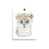 Tabby Cat with Flowers Watercolor