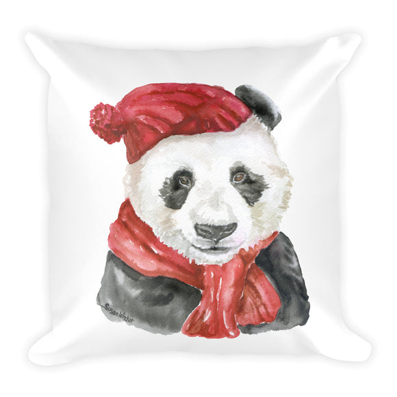 Panda Bear with Red Hat and Scarf Square Pillow