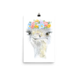 Ostrich with Flowers Watercolor
