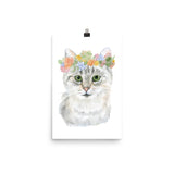 Tabby Cat with Flowers Watercolor