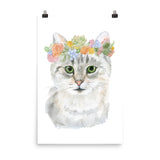 Tabby Cat with Flowers Watercolor