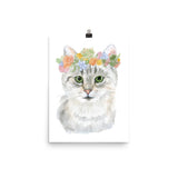Tabby Cat with Flowers Watercolor