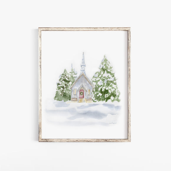 Chapel in the Snow Watercolor Fine Art Poster - Unframed