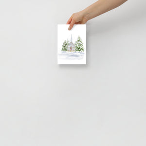 Chapel in the Snow Watercolor Fine Art Poster - Unframed