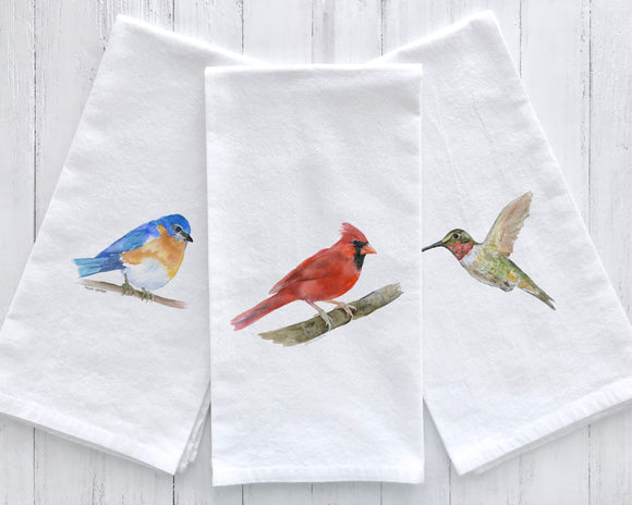 Set of 3 Bird Watercolor Flour Sack Tea Towels