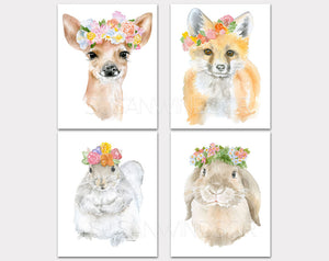 Woodland Animal Floral Art Print Set One - Set of 4 Animals - Deer, Bunny, Fox, Squirrel