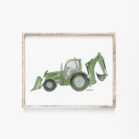 Green Backhoe Loader Truck Watercolor Painting Art Print