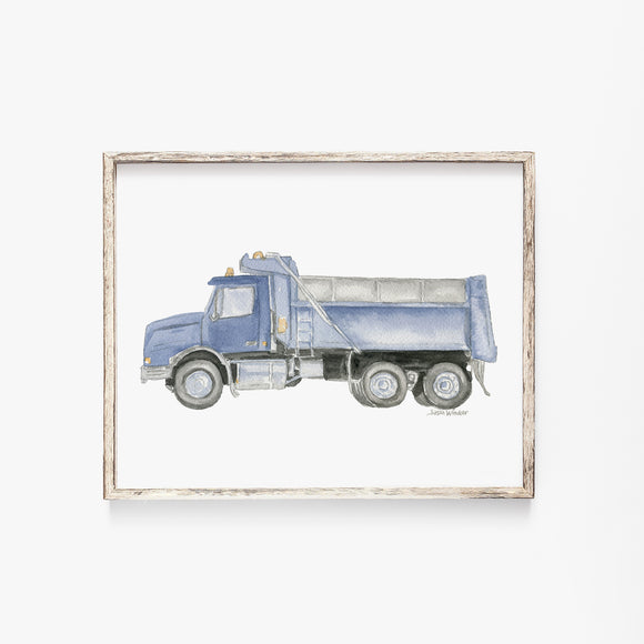 Blue Dump Truck Watercolor Painting