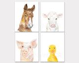 Farm Animal Art Print Set One - Set of 4 Animals - Horse Pig Duckling Calf