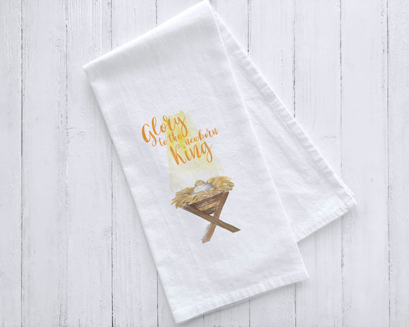 Glory to the Newborn King Manger Watercolor Tea Towel