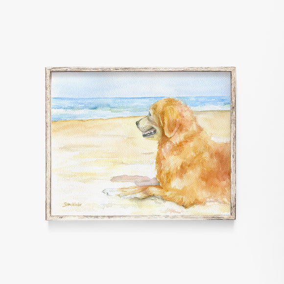 Golden Retriever on the Beach Watercolor