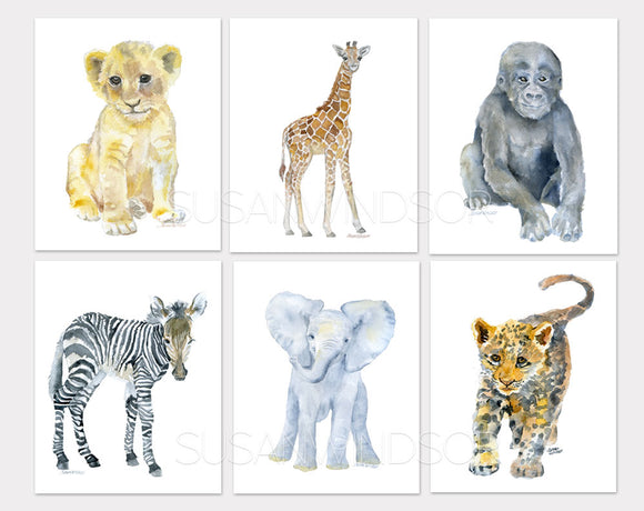 African Baby Animals Watercolor Art Print Set