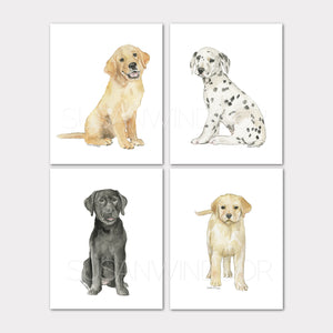 Puppy Dogs Art Prints - Set of 4 Animals - Black Lab, Golden Retriever, Dalmatian, and Yellow Lab
