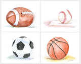 Watercolor Sports Art Print Set - Set of 4 - Football, Basketball, Baseball, Soccer Ball