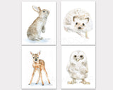 Woodland Animal Art Print Set One - Set of 4 Animals - Bunny, Deer, Hedgehog, Owl