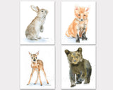 Woodland Animal Art Print Set One - Set of 4 Animals - Bunny, Fox, Deer, Bear