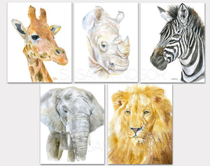 African Animals Watercolor Art Print Set
