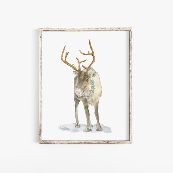 Christmas Caribou Watercolor Print