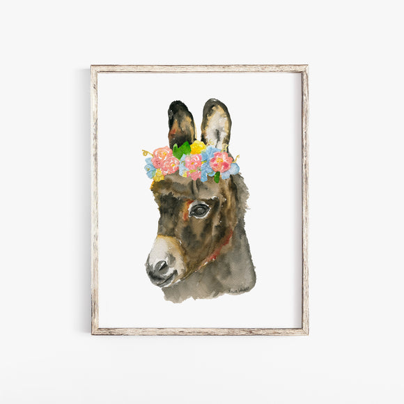Donkey with Floral Crown Watercolor