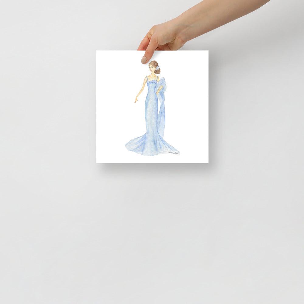 Blue Dress Brunette Princess Watercolor Fashion Illustration – Susan Windsor