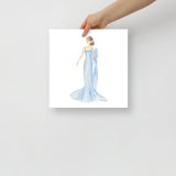 Blue Dress Brunette Princess Watercolor Fashion Illustration