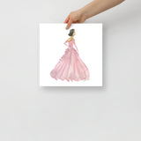 Pink Ball Gown Brunette Princess Watercolor Fashion Illustration