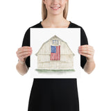 American Flag on a Farmhouse Barn Watercolor Print Poster