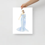Blue Dress Brunette Princess Watercolor Fashion Illustration
