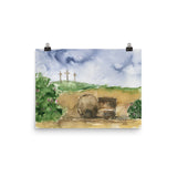 Three Crosses and the Empty Tomb Watercolor