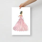 Pink Ball Gown Brunette Princess Watercolor Fashion Illustration
