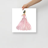 Pink Ball Gown Brunette Princess Watercolor Fashion Illustration
