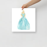 Aqua Ball Gown Blonde Princess Watercolor Fashion Illustration