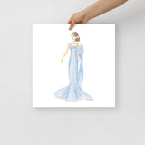 Blue Dress Brunette Princess Watercolor Fashion Illustration