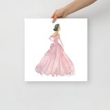 Pink Ball Gown Brunette Princess Watercolor Fashion Illustration