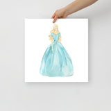 Aqua Ball Gown Blonde Princess Watercolor Fashion Illustration