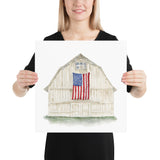 American Flag on a Farmhouse Barn Watercolor Print Poster